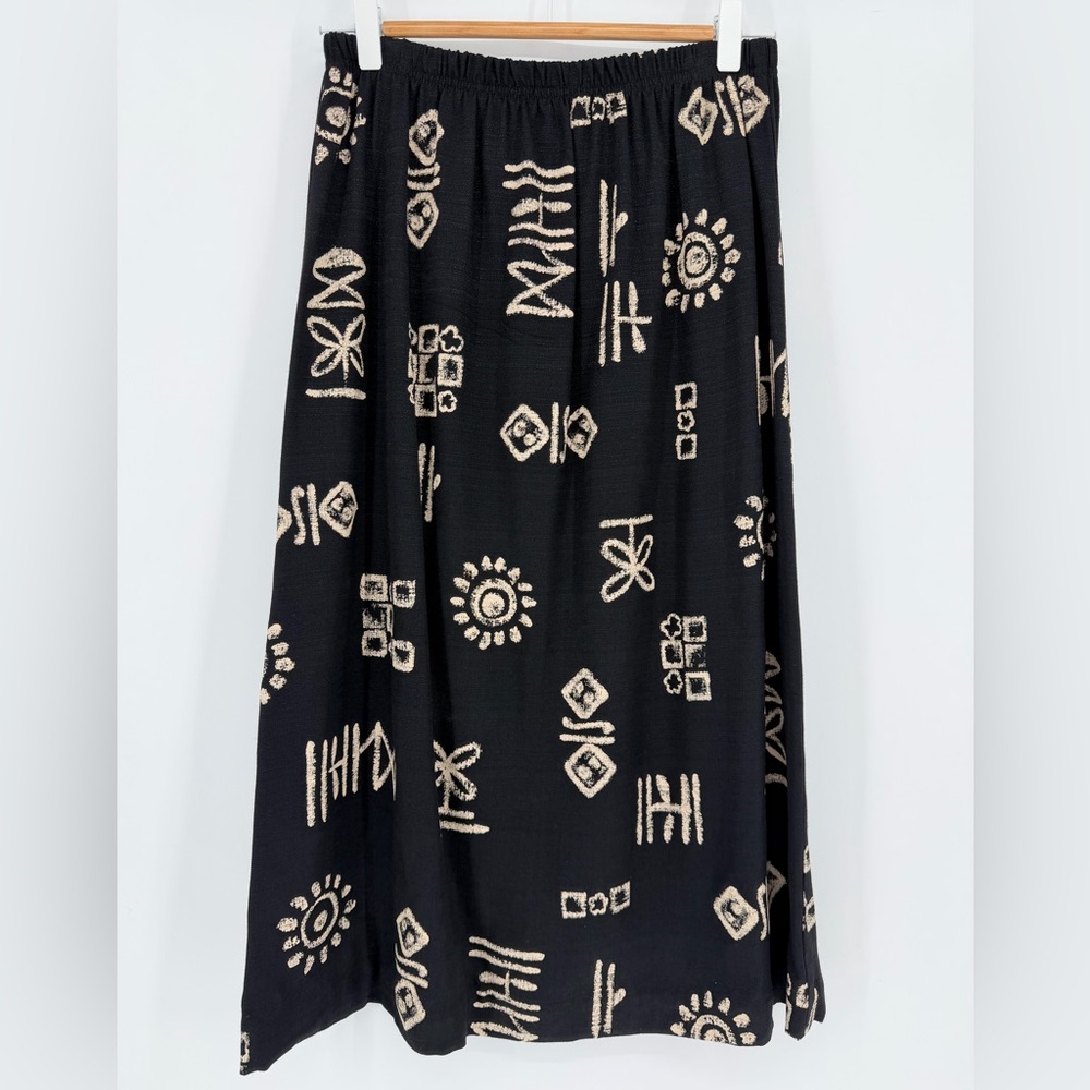 Vintage 90s Abstract Tribal Print Midi Skirt Black & Tan‎ Made in USA Size M